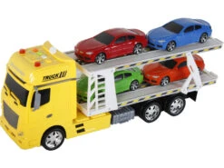 Camion Amarillo Friccion Con Remolque Y 4 Vehiculos